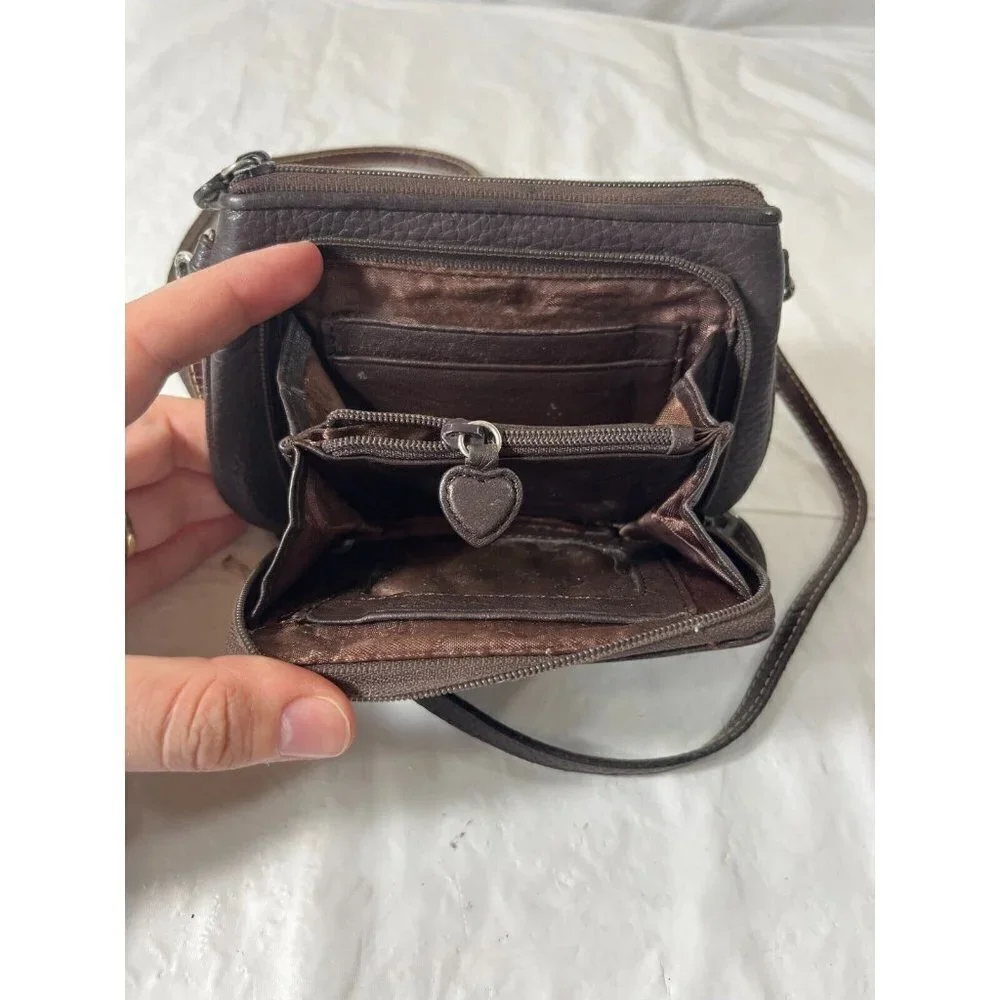 Brighton Crossbody Organizer Brown Pebbled Leather Decorative Chain Hardware